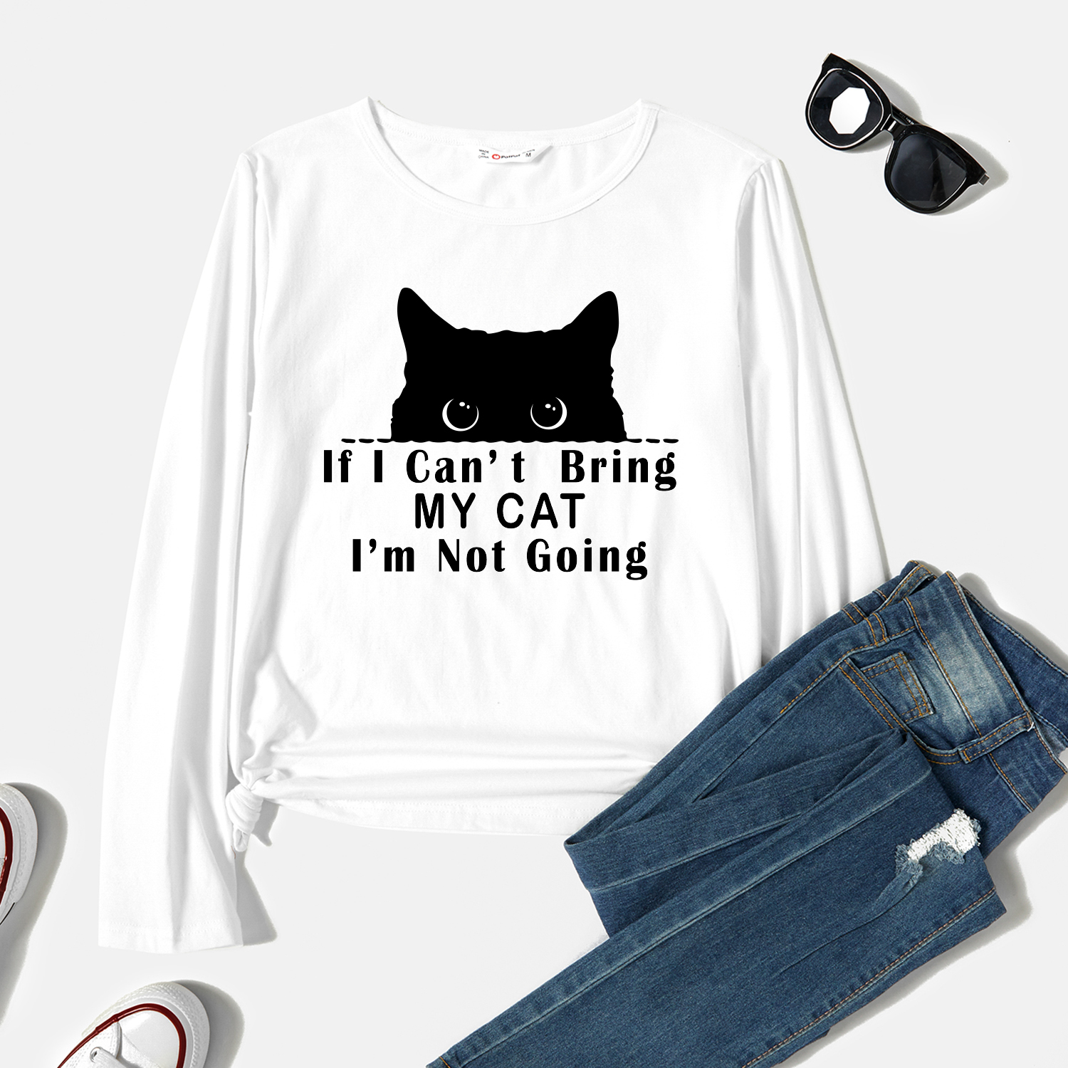 

Graphic White Long-sleeve Round-collar Tee for Women