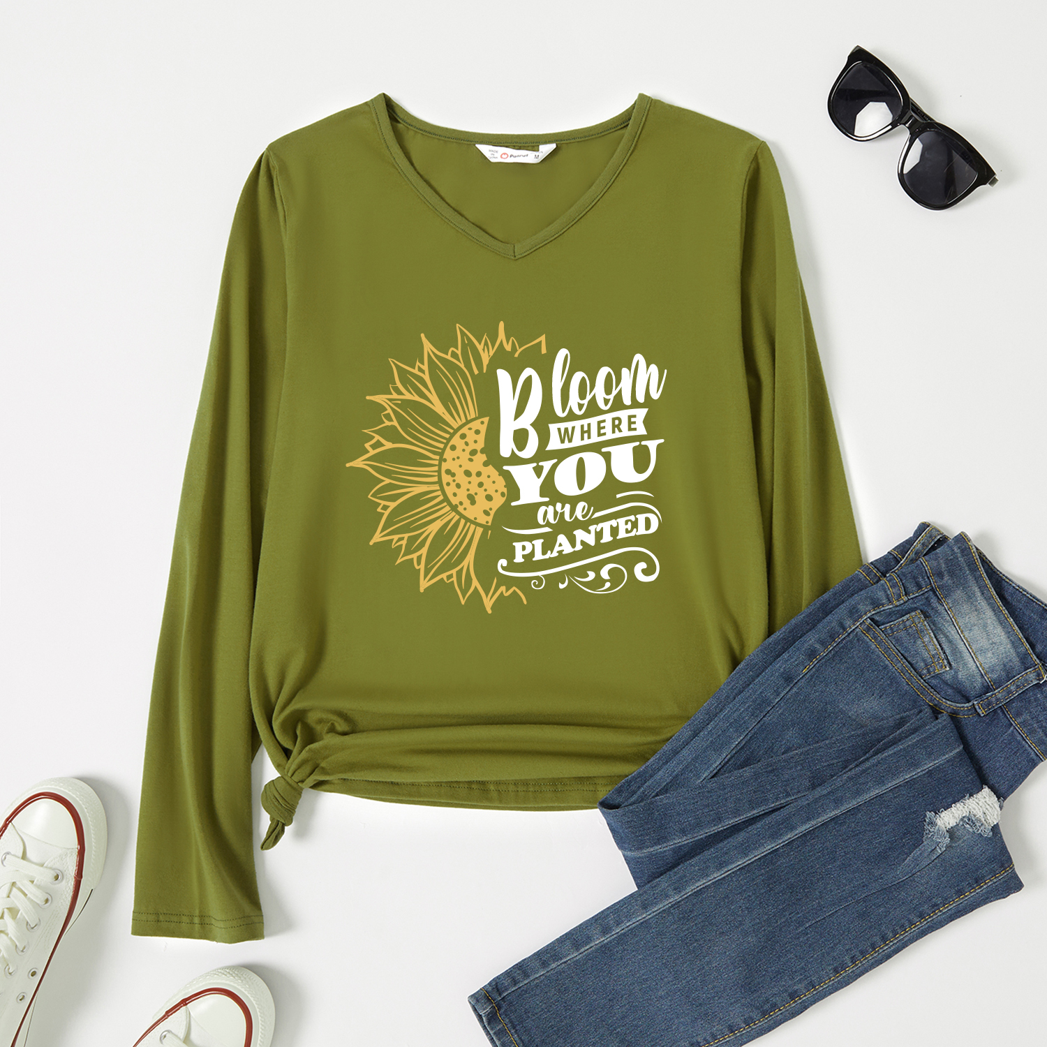 

Graphic Army green Long-sleeve V Neck Tee for Women