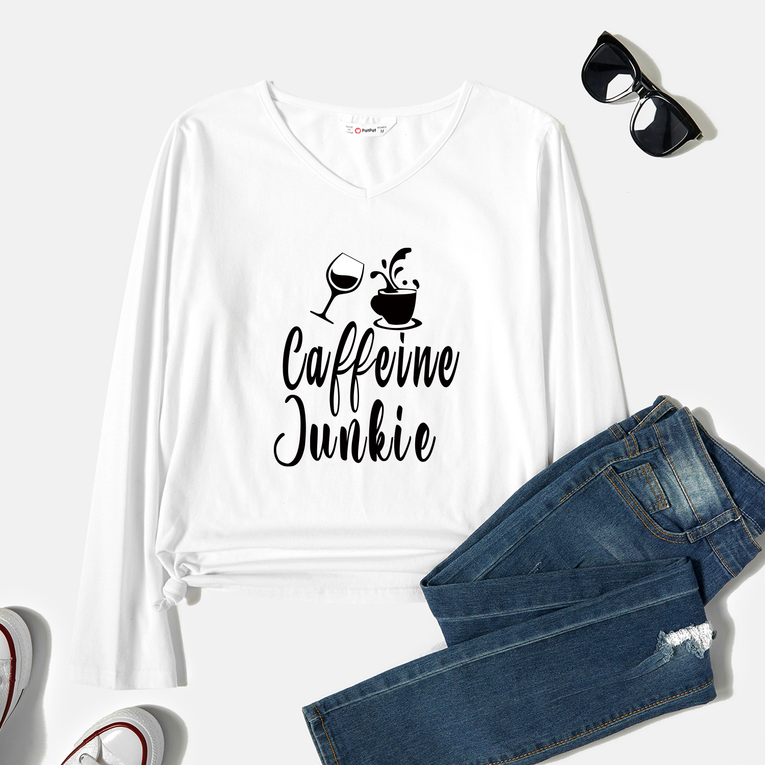 

Graphic White Long-sleeve Round-collar Tee for Women