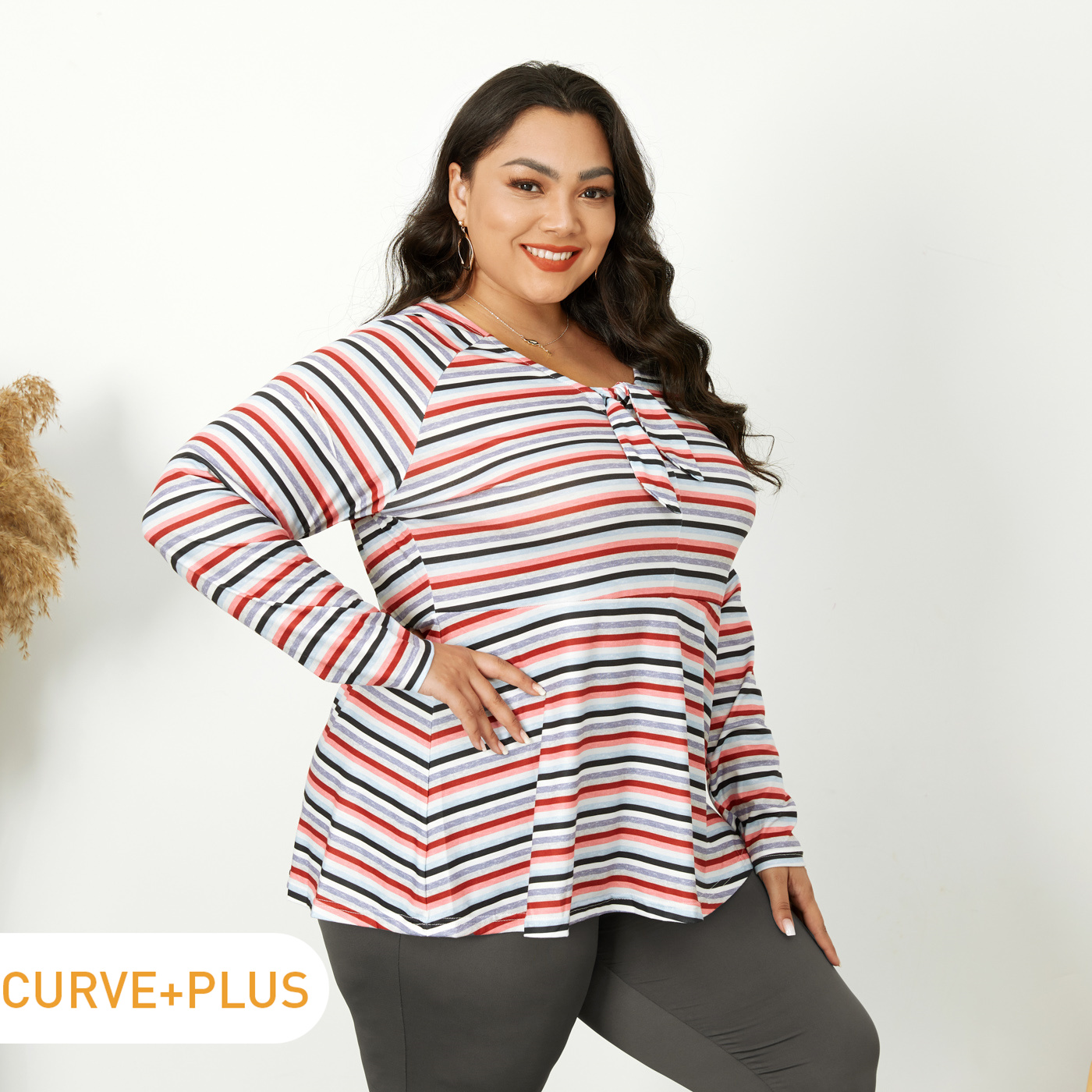 

Women Plus Size Casual Stripe Bowknot Design Long-sleeve Tee