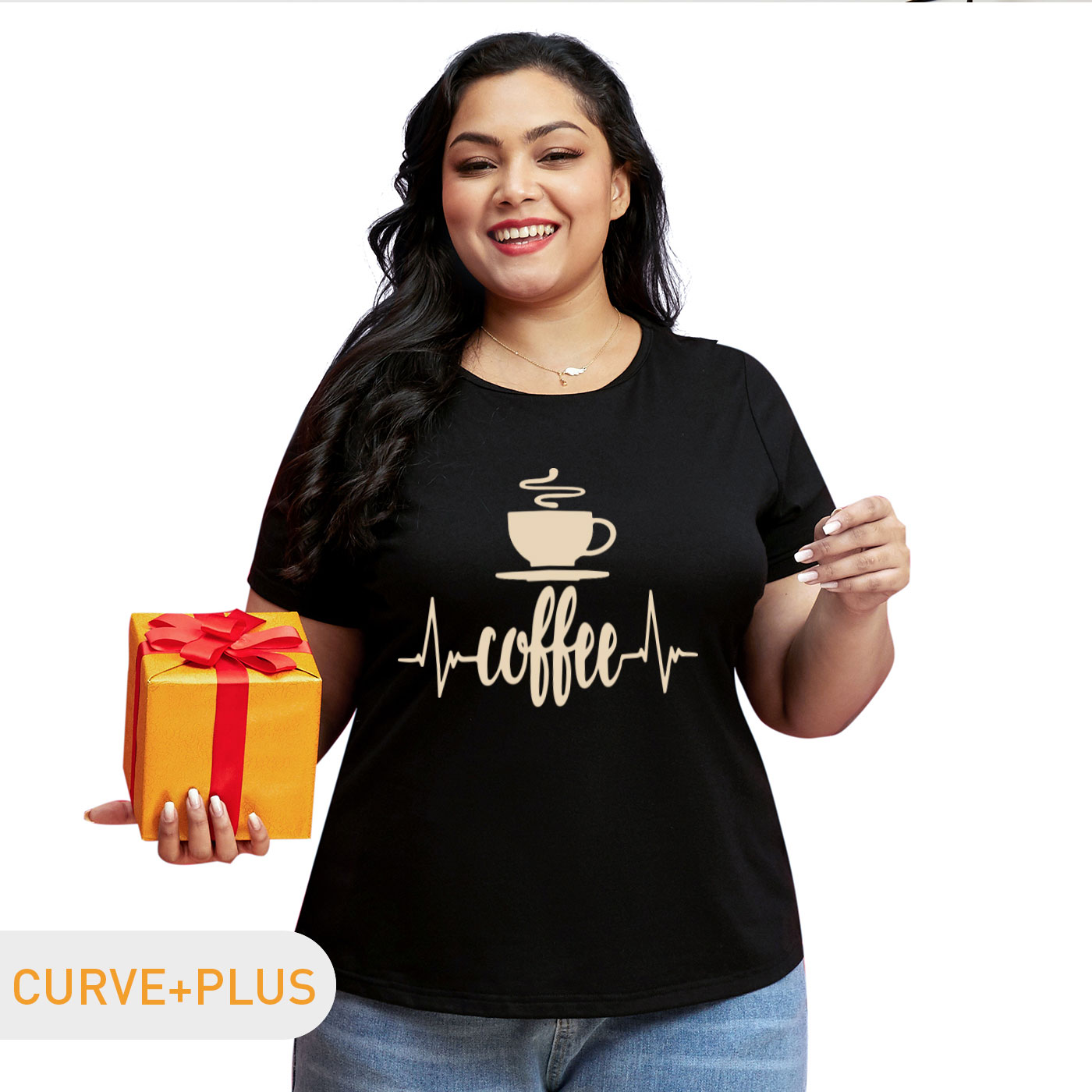 

Women Plus Size Graphic Coffee and Letter Print Round Neck Short-sleeve Tee