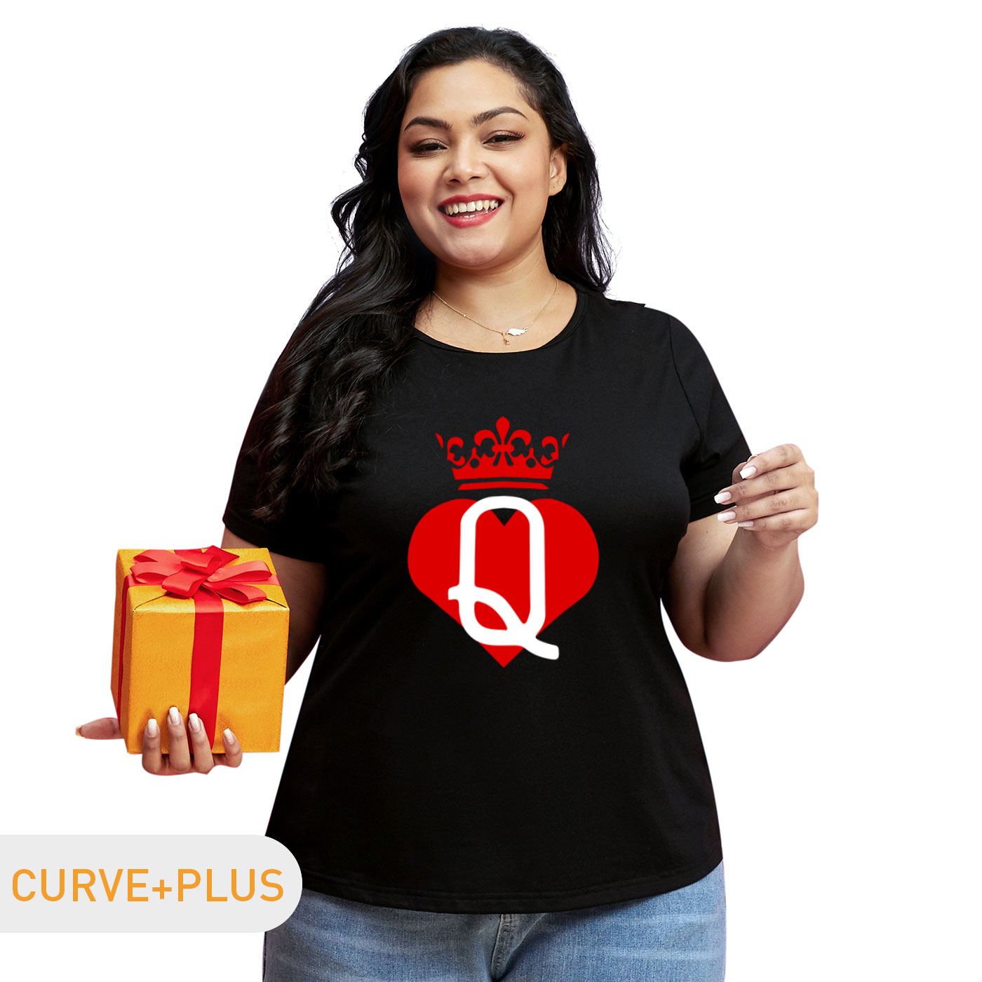 

Women Plus Size Graphic Crown and Heart-shaped and Letter Print Round Neck Short-sleeve Tee