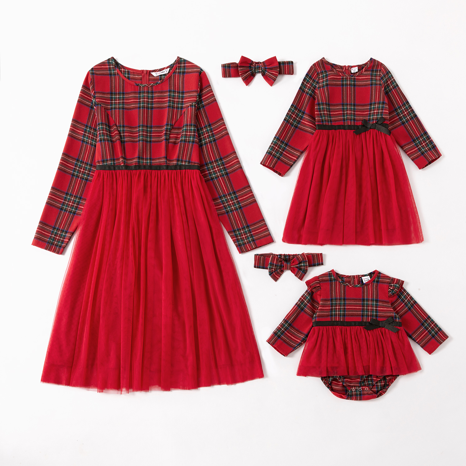 

Red Plaid Splicing Mesh Long-sleeve Midi Dress for Mom and Me