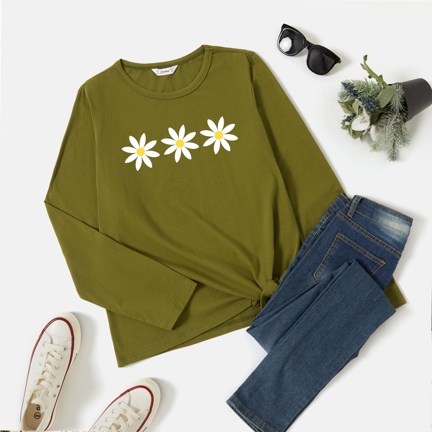 

Graphic Army green Long-sleeve Round-collar Tee for Women