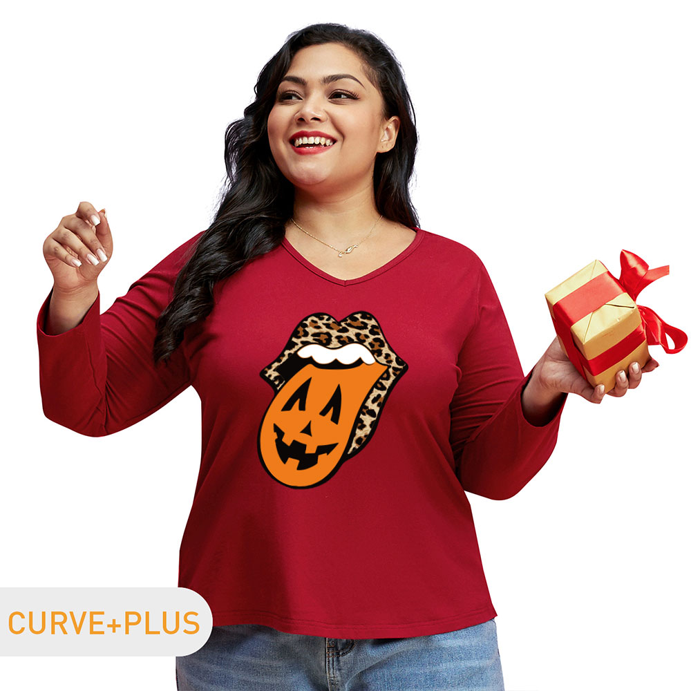 

Halloween Women Plus Size Graphic Pumpkin and Mouth and Leopard Print V Neck Long-sleeve Tee