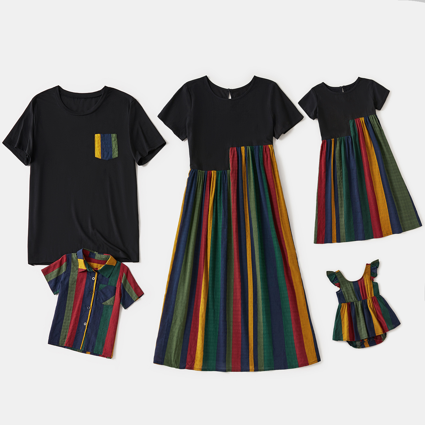 

100% Cotton Family Matching Sets(Striped Short-sleeve Splicing Dresses and Shirts)