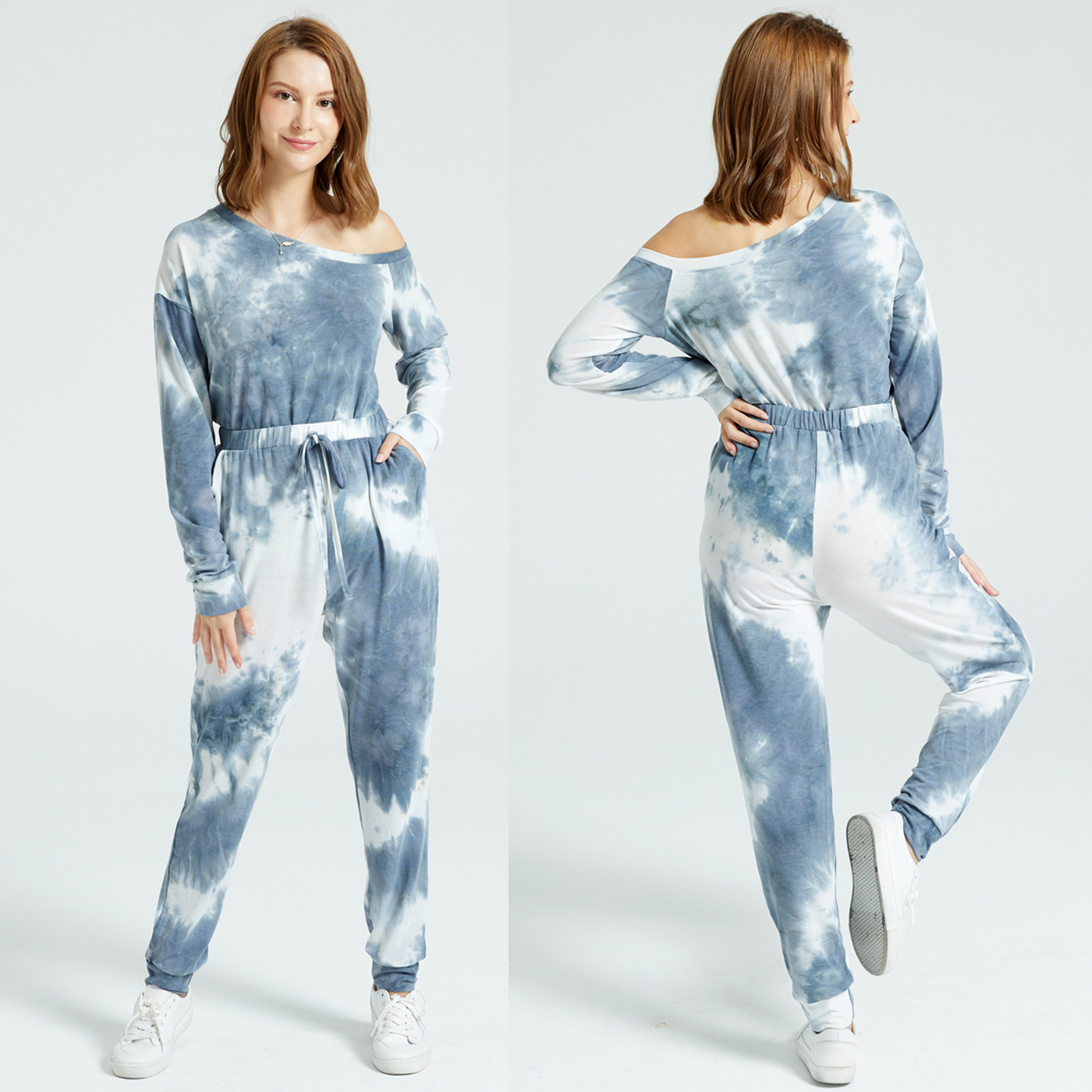 

Oblique Shoulder Tie Dye Long-sleeve Pullover & Pants Set