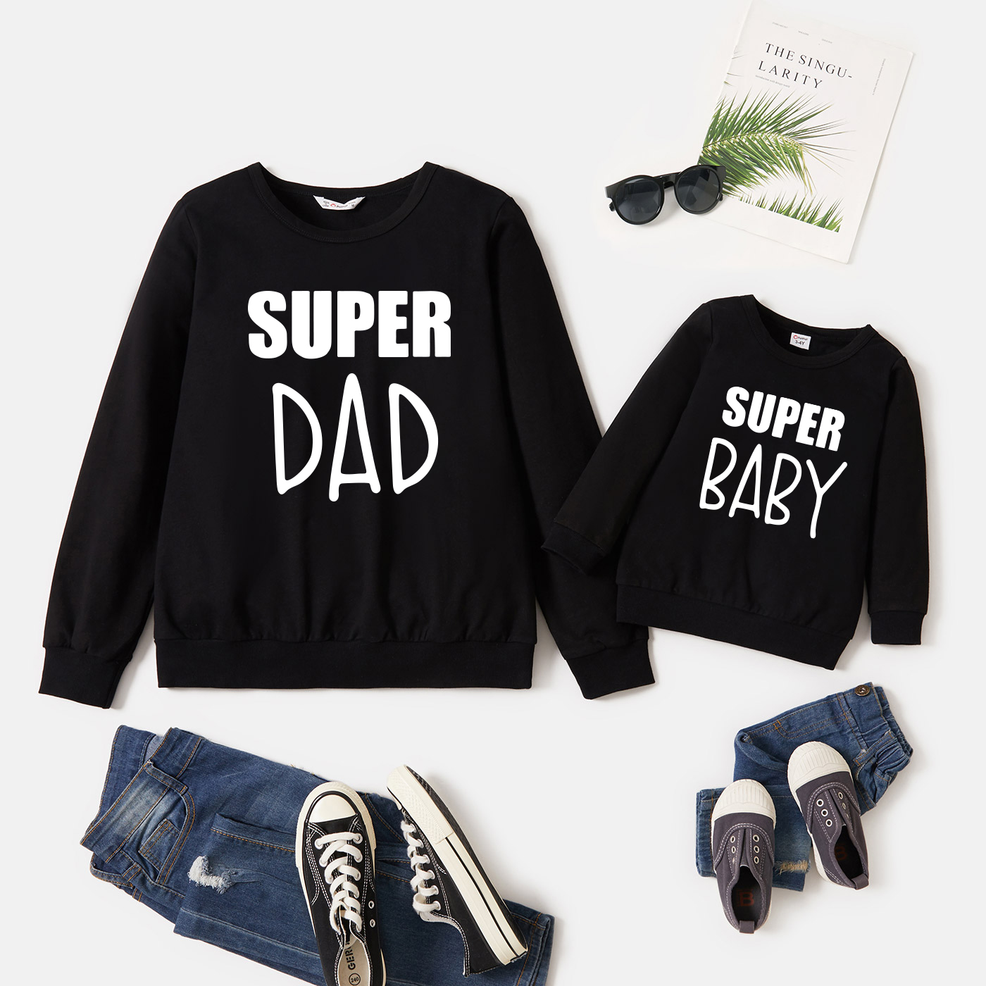 

100% Cotton Letter Print Black Long-sleeve Sweatshirts for Dad and Me