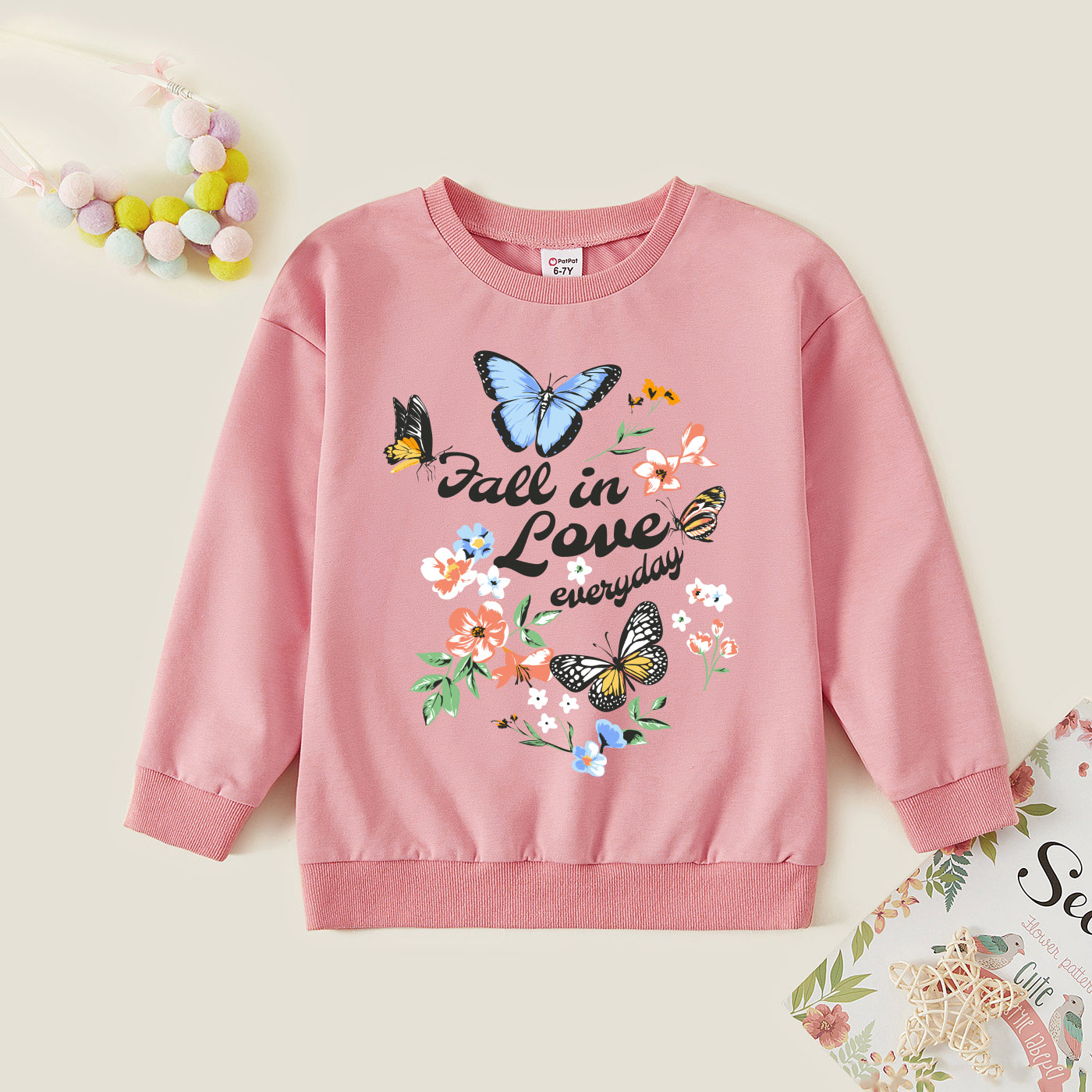 

Kid Girl Graphic Butterfly and Floral and Letter Print Long-sleeve Pullover