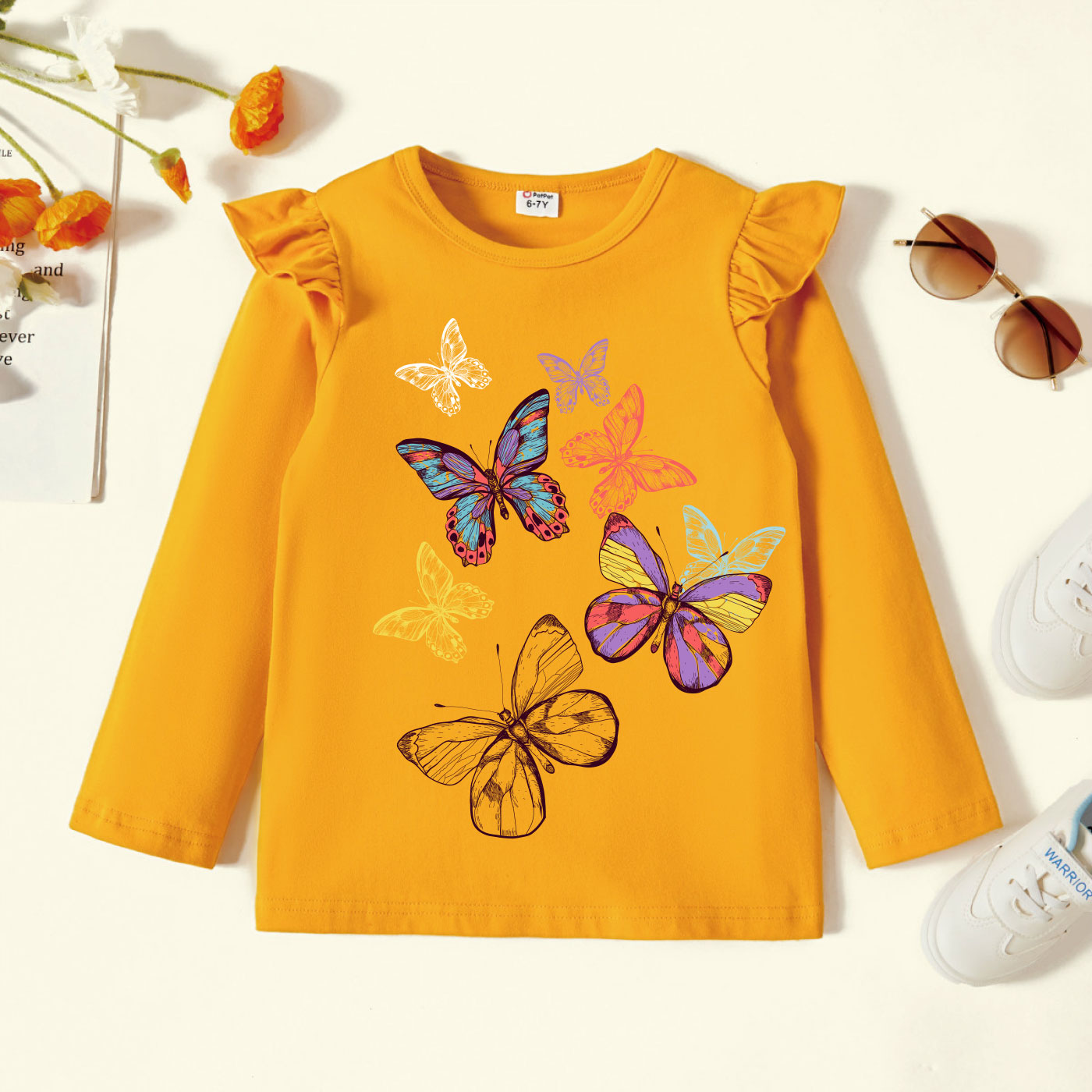 

Kid Girl Graphic Butterfly Print Ruffled Long-sleeve Tee