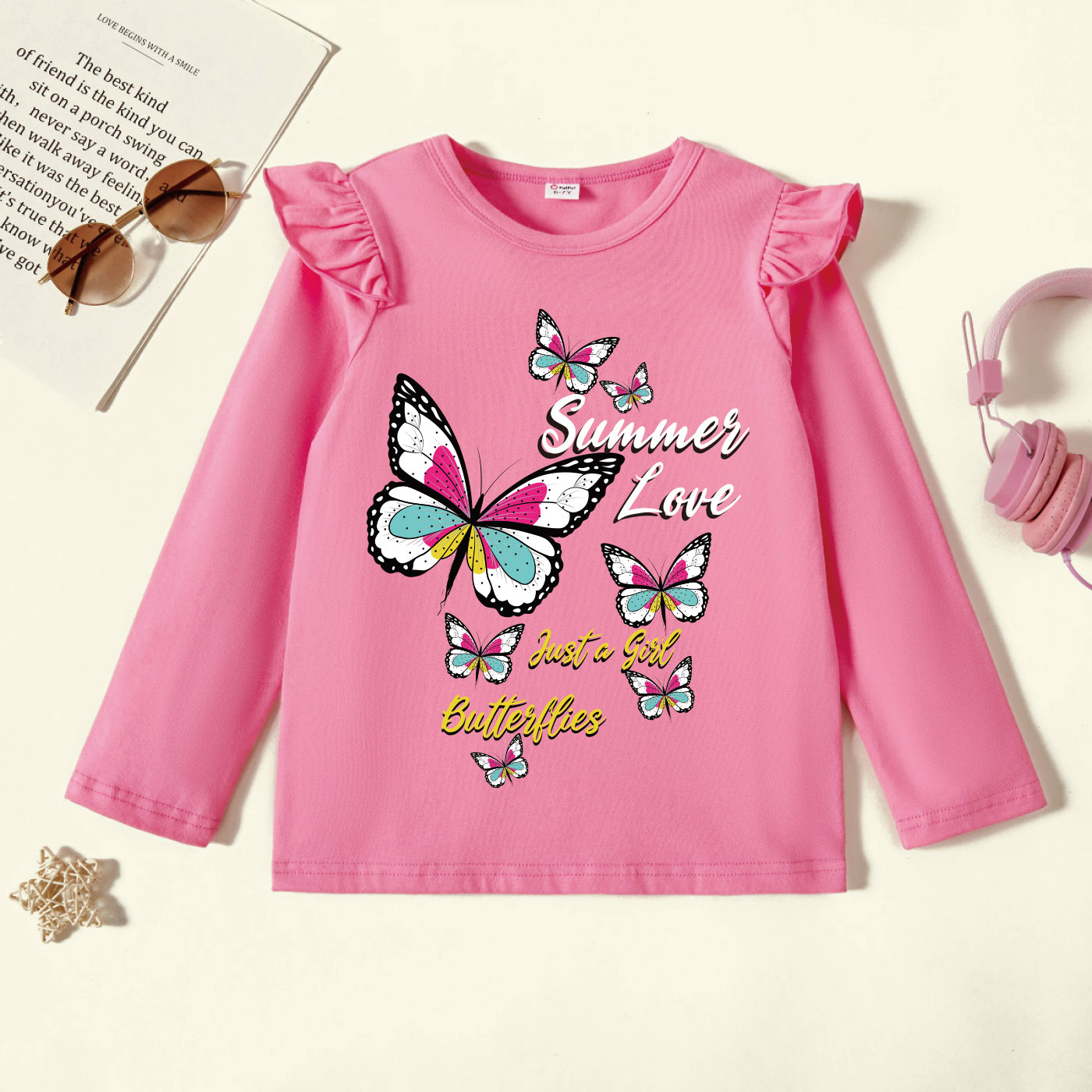 

Kid Girl Graphic Butterfly and Letter Print Ruffled Long-sleeve Tee