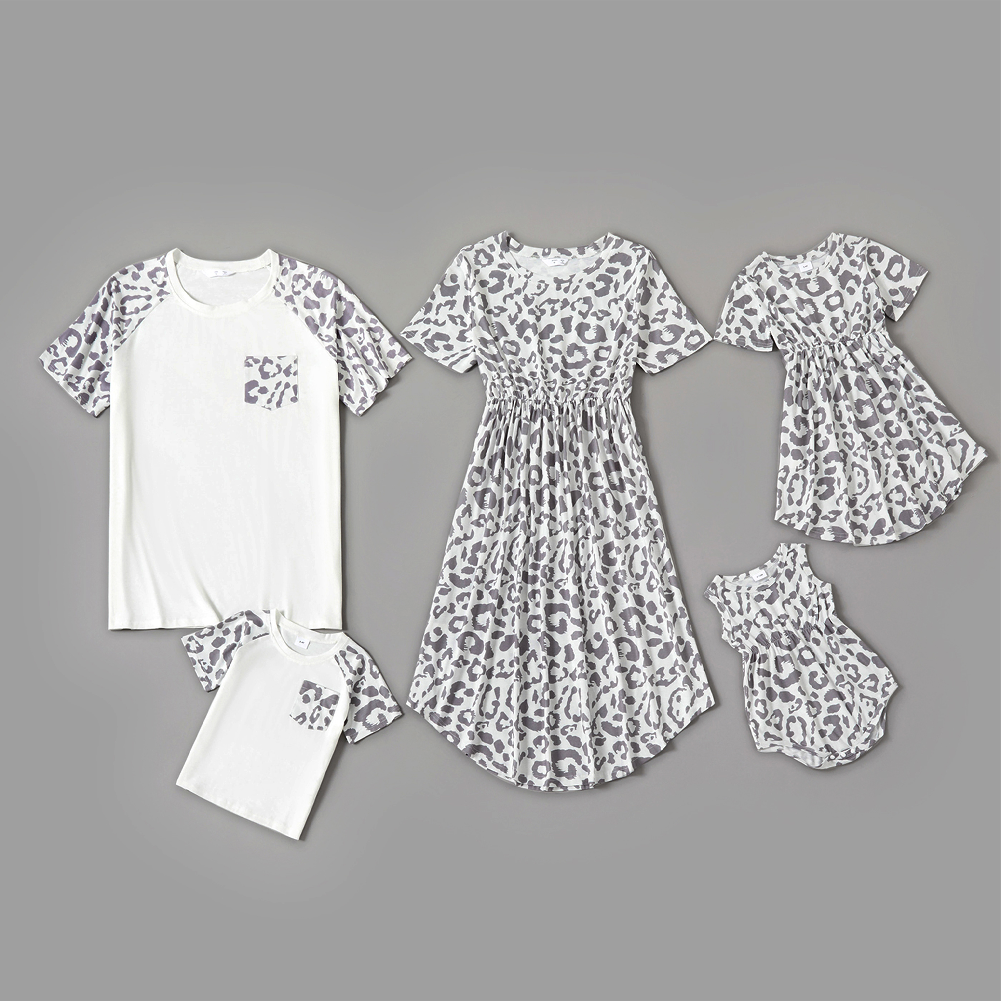 

Grey and White Leopard Print Family Matching Sets(Short-sleeve Irregular Midi Dresses and T-shirts)