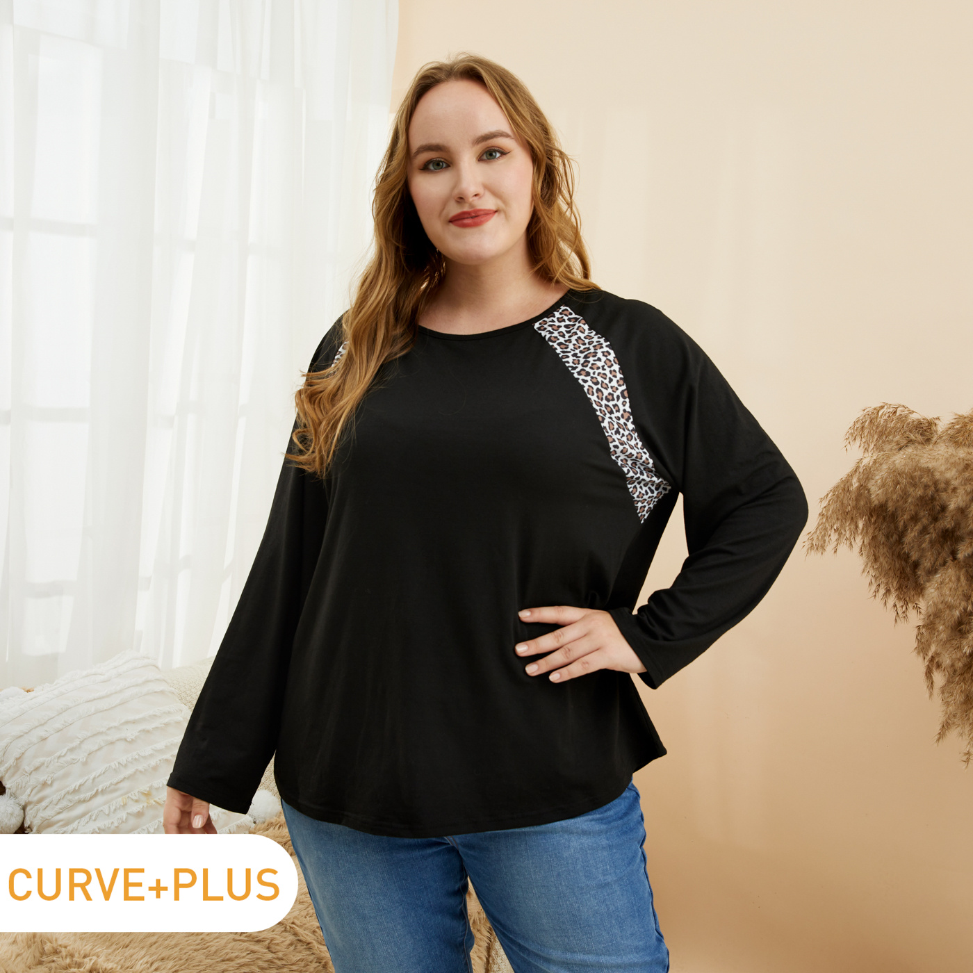 

Women Plus Size Casual Leopard Print Black Long-sleeve Tee