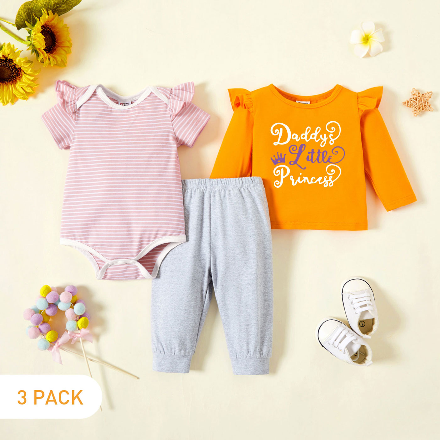 

3-Pack Baby Graphic & Striped Ruffled Romper Tee Pants Set