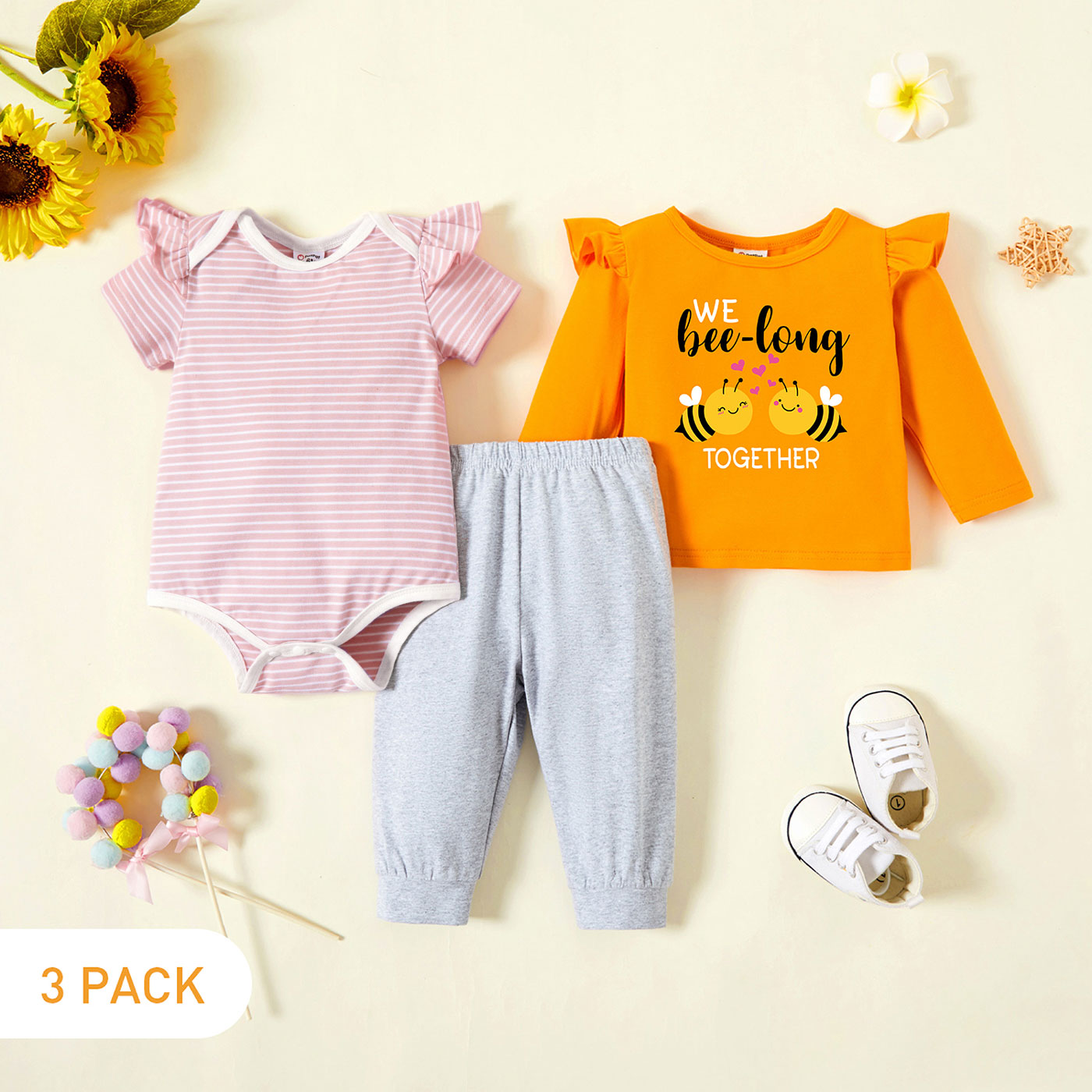 

3-Pack Baby Graphic & Striped Ruffled Romper Tee Pants Set