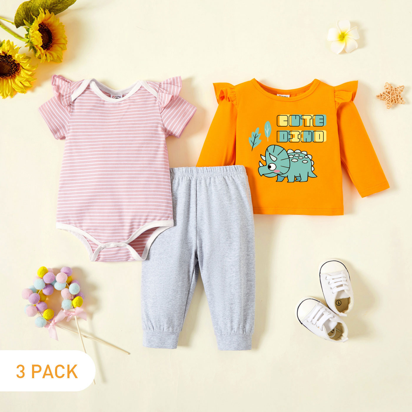 

3-Pack Baby Graphic & Striped Ruffled Romper Tee Pants Set