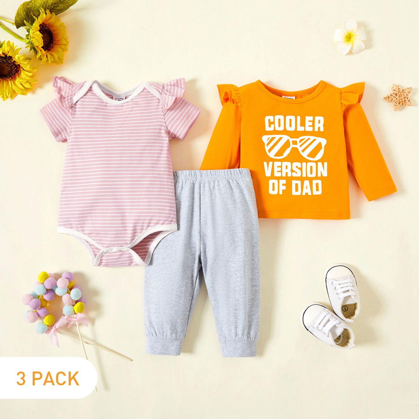 

3-Pack Baby Graphic & Striped Ruffled Romper Tee Pants Set