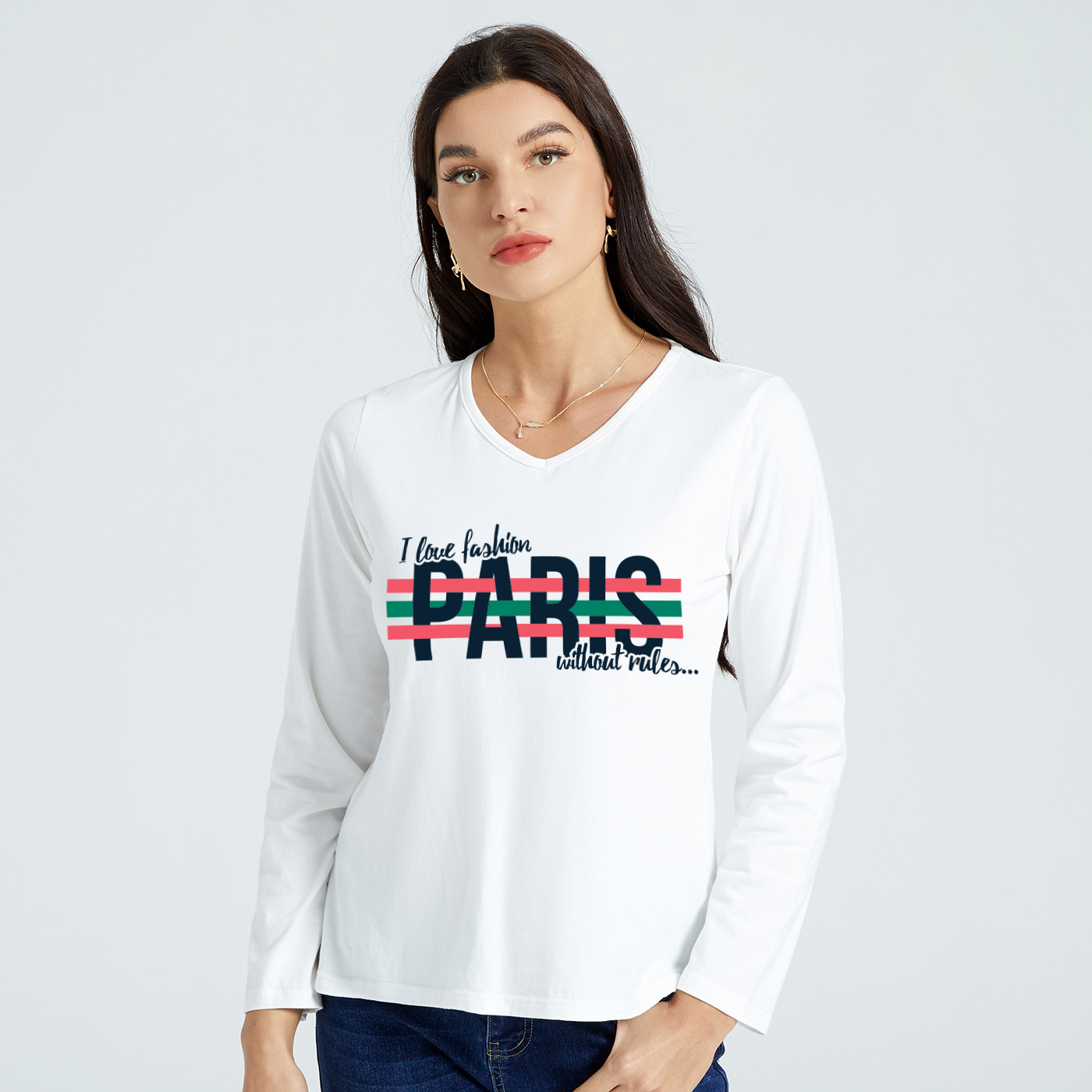 

Graphic White Long-sleeve Round-collar Tee for Women