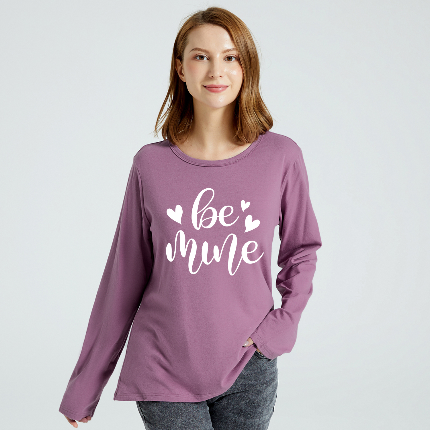 

Graphic Lavender Purple Long-sleeve Round-collar Tee for Women