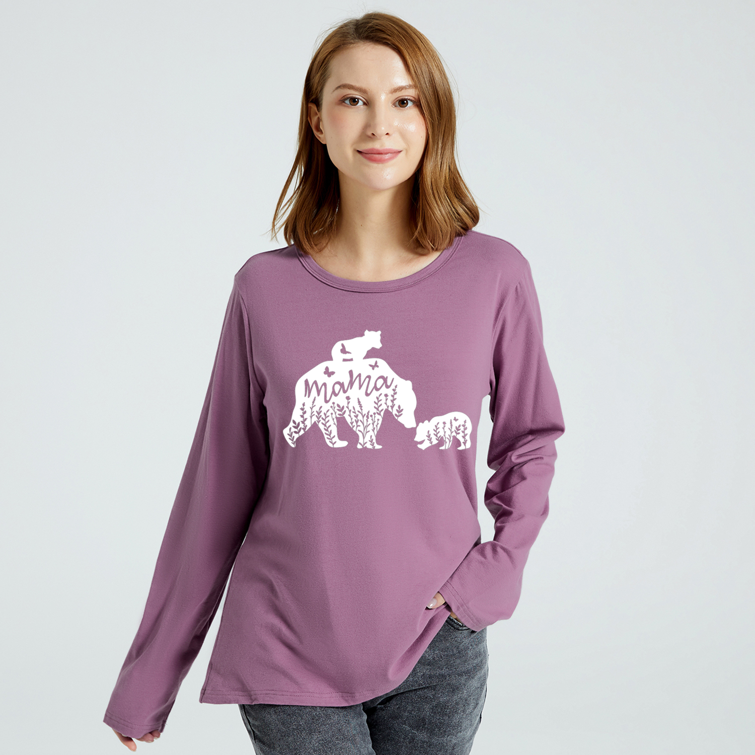 

Graphic Lavender Purple Long-sleeve Round-collar Tee for Women