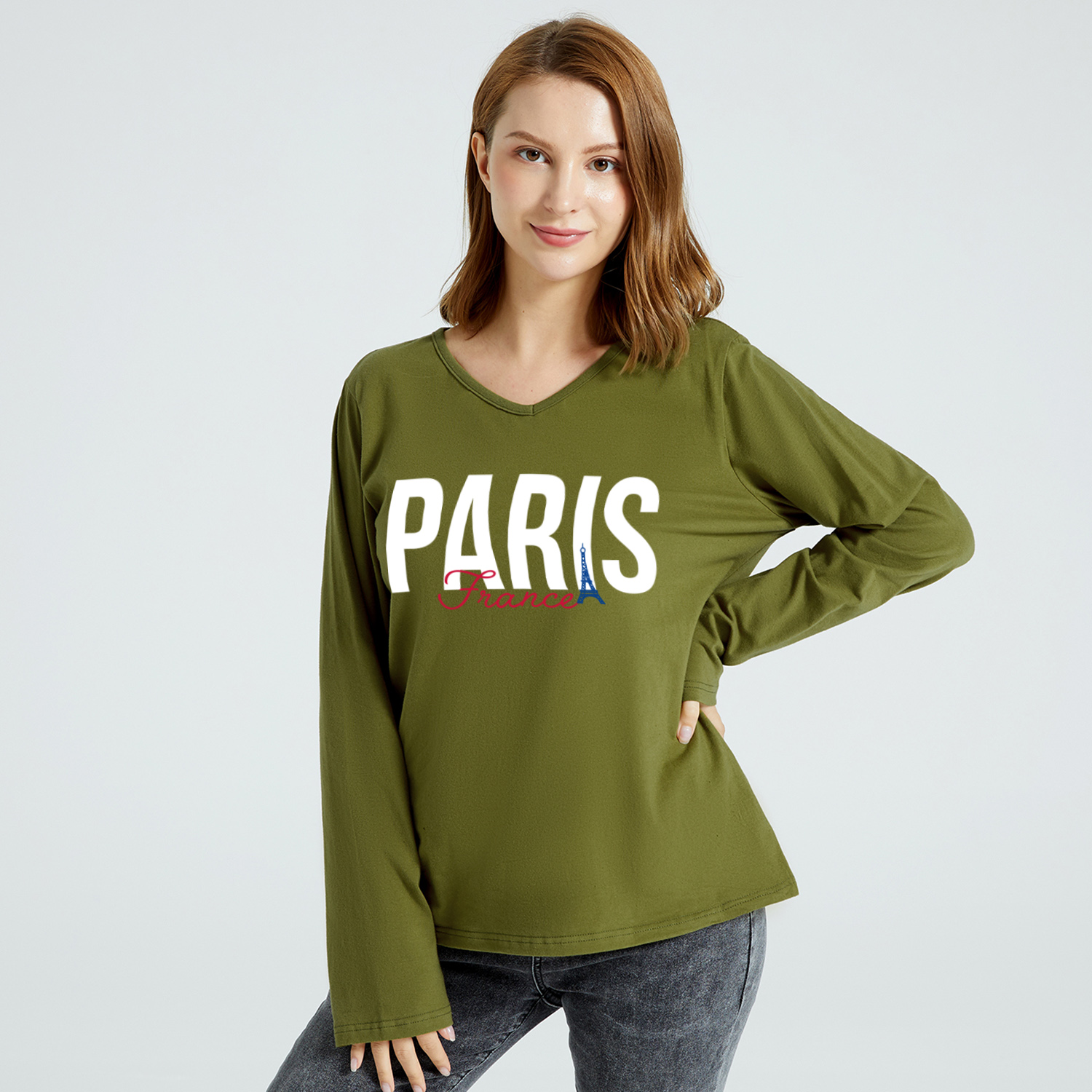 

Graphic Army green Long-sleeve V Neck Tee for Women