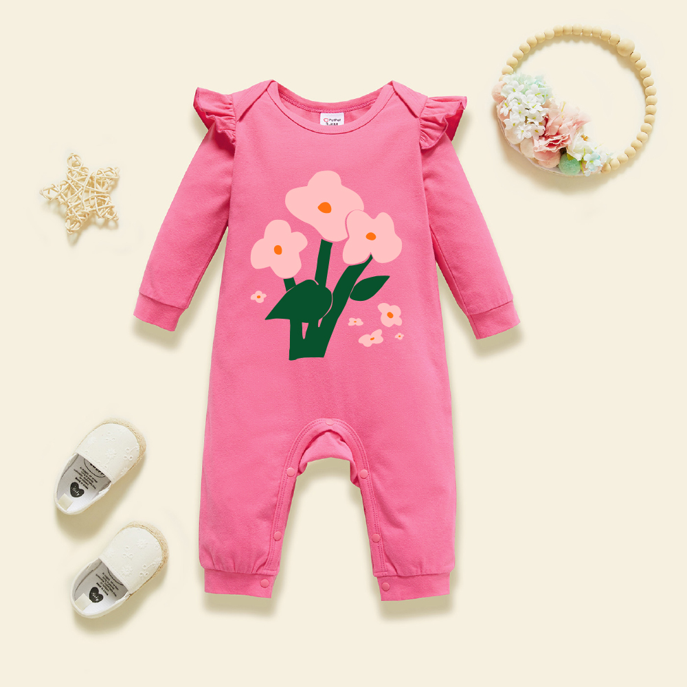 

Baby Graphic Flutter-sleeve Deep pink Long-sleeve Jumpsuit