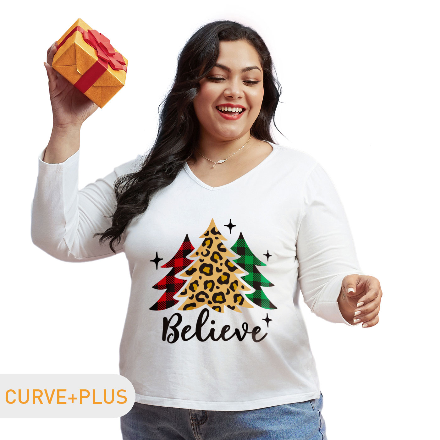 

Christmas Women Plus Size Graphic Christmas Tree and Letter and Stars Print V Neck Long-sleeve Tee