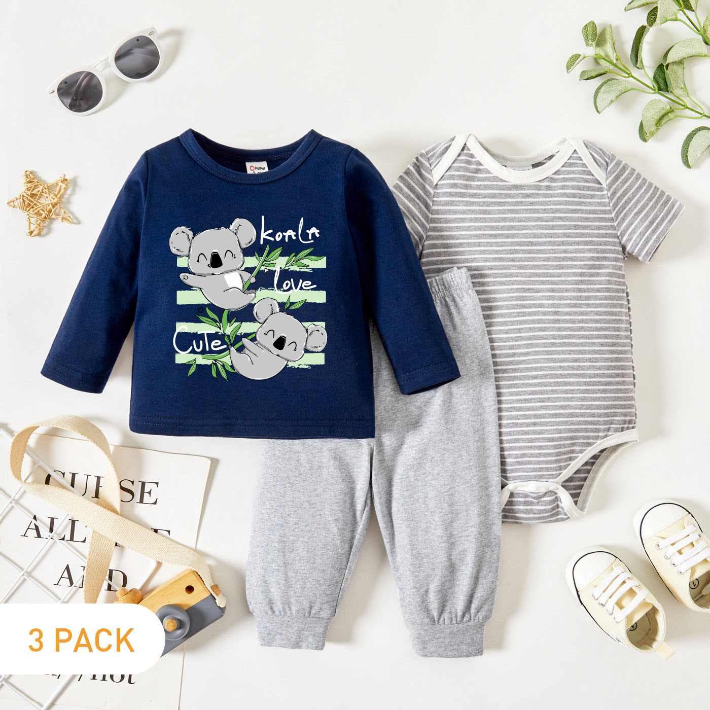 

3-Pack Baby Graphic Koala and Plant Print Long-sleeve Tee & Striped Short-sleeve Romper & Pants Set