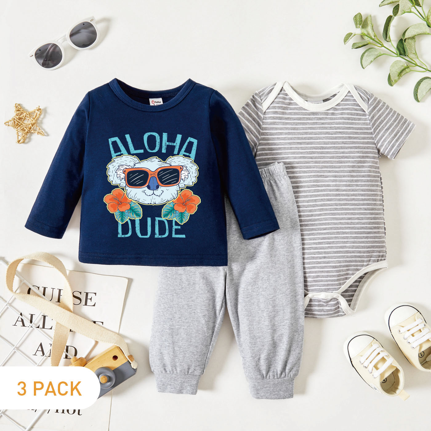 

3-Pack Baby Boy Koala and Floral and Letter Print Long-sleeve Tee & Striped Short-sleeve Romper & Pants Set
