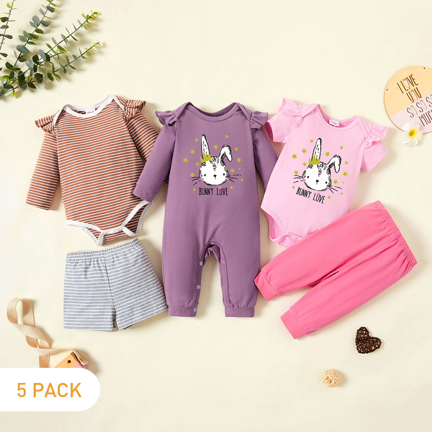 

5-Pack Baby Graphic & Striped Ruffled Romper Jumpsuit Pants Set