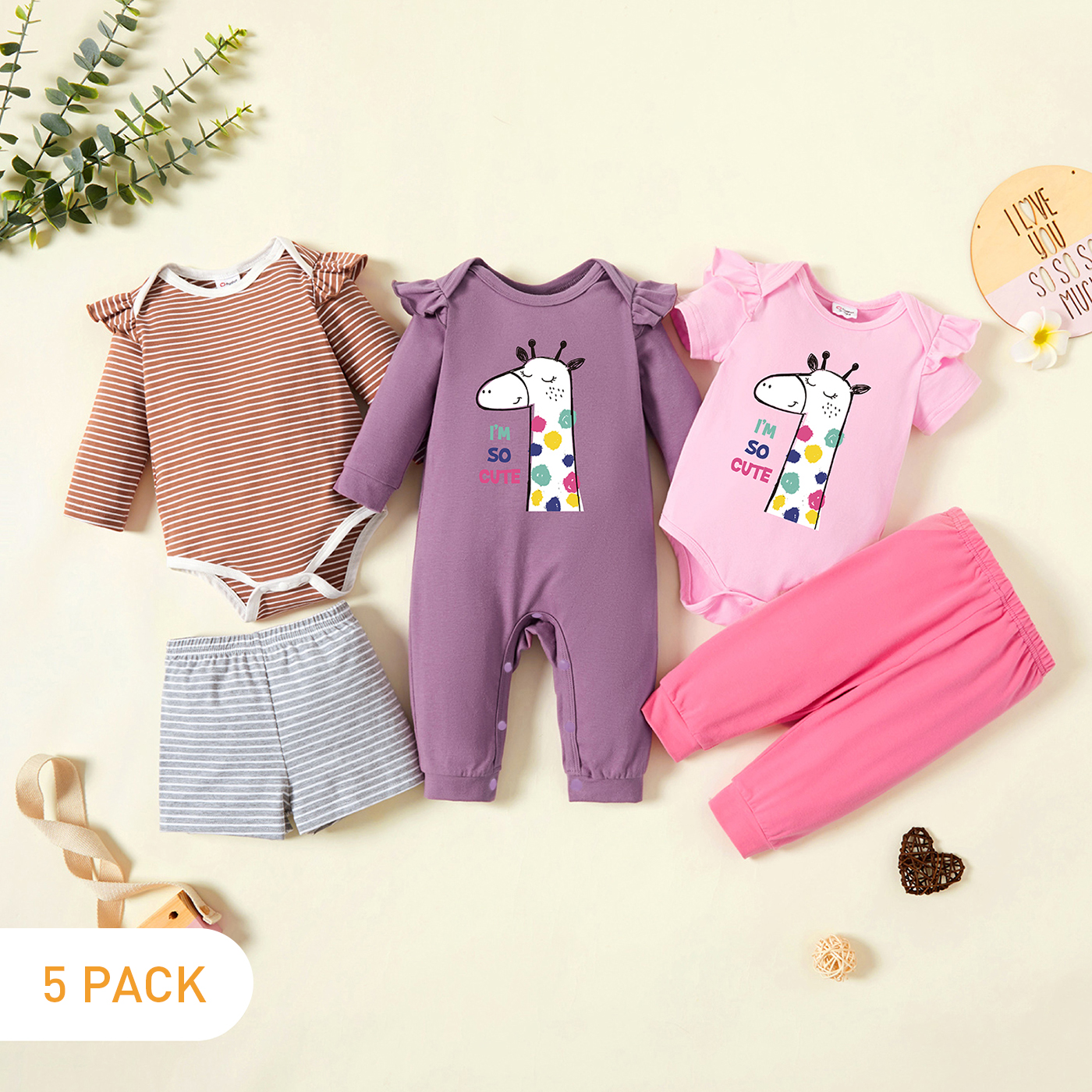 

5-Pack Baby Graphic & Striped Ruffled Romper Jumpsuit Pants Set