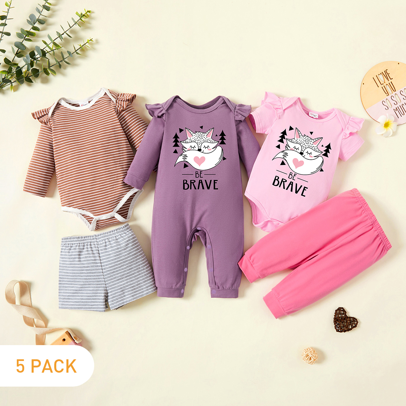 

5-Pack Baby Graphic & Striped Ruffled Romper Jumpsuit Pants Set