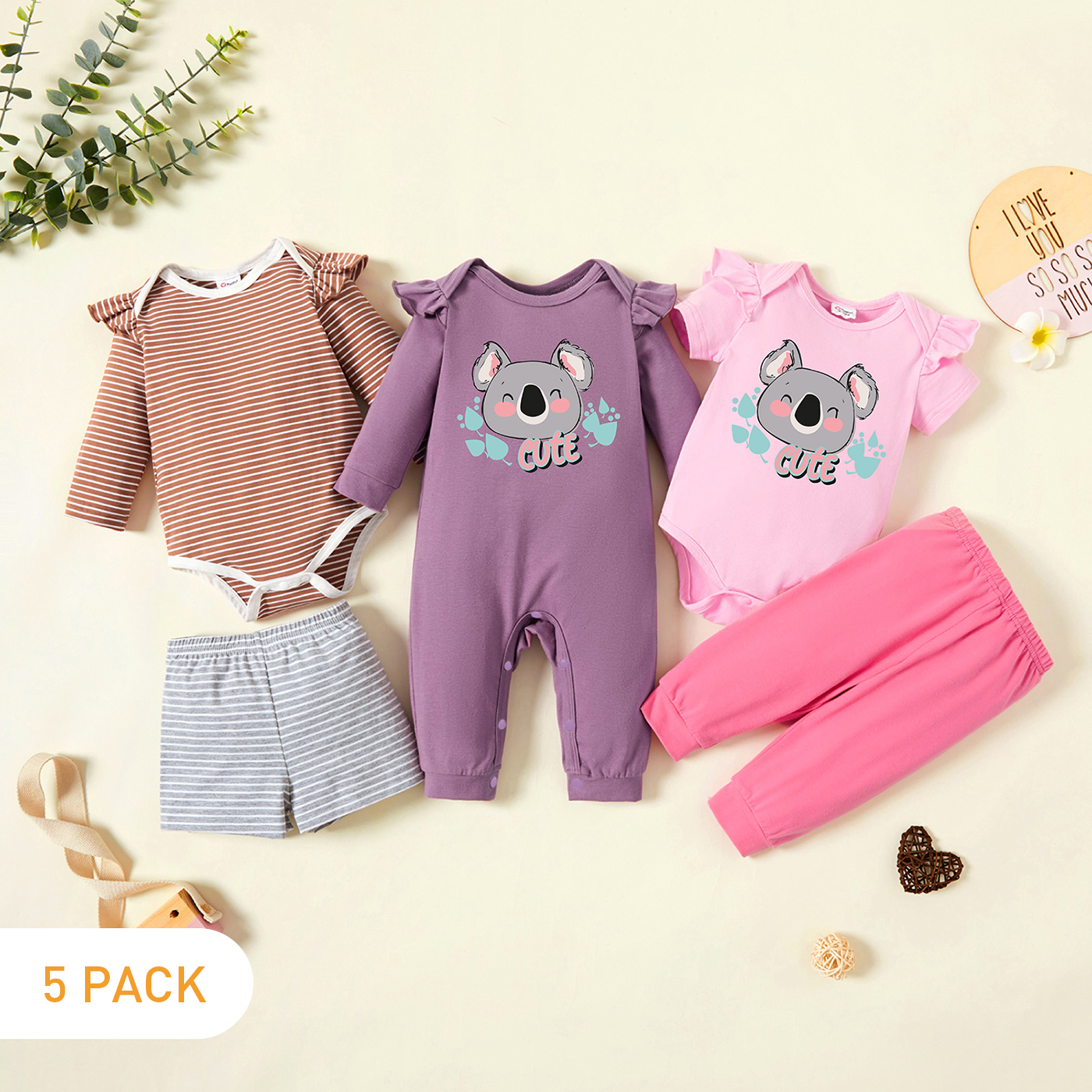 

5-Pack Baby Graphic & Striped Ruffled Romper Jumpsuit Pants Set