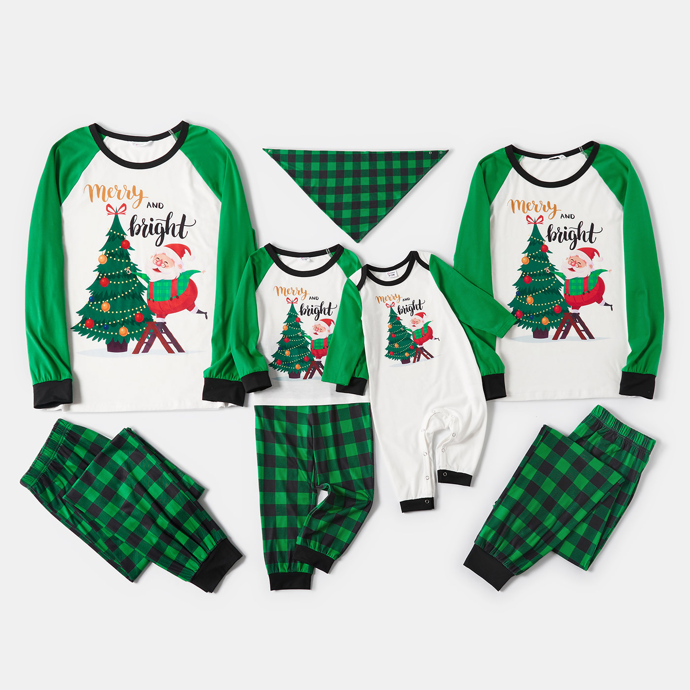 

Christmas Tree and Santa Print Green Plaid Family Matching Long-sleeve Pajamas Sets (Flame Resistant)