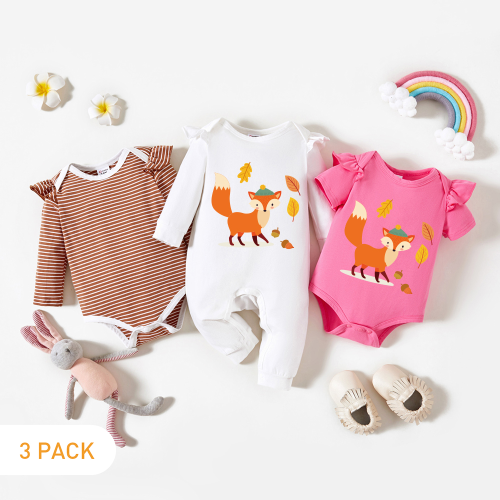 

3-Pack Baby Graphic & Striped Ruffled Romper Jumpsuit Set