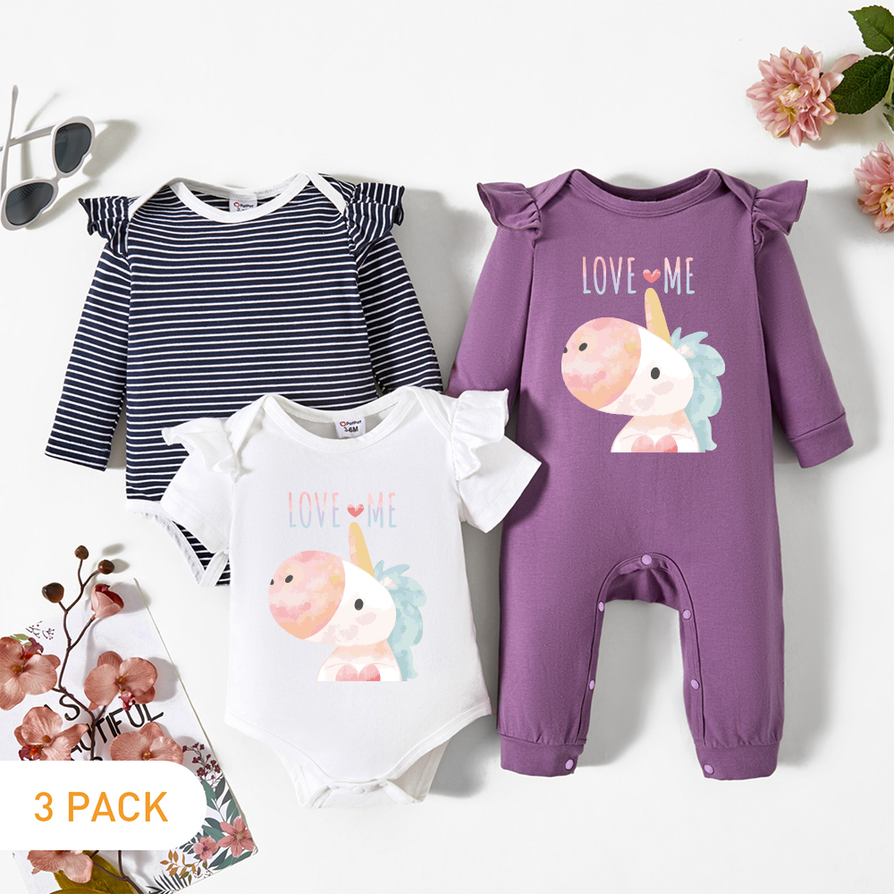

3-Pack Baby Graphic & Striped Ruffled Romper Jumpsuit Set