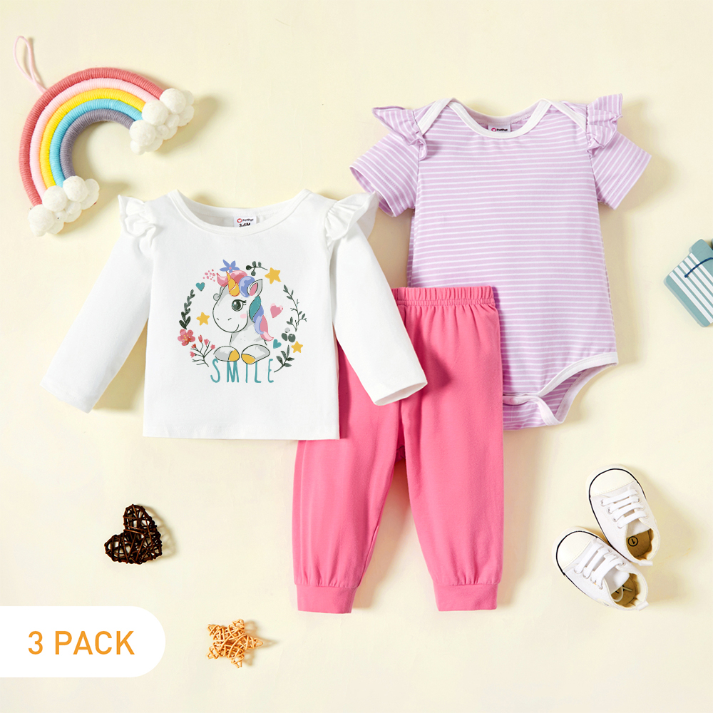 

3-Pack Baby Graphic & Striped Ruffled Romper Tee Pants Set