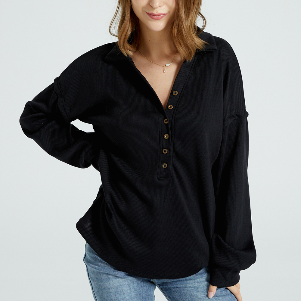 

Half Button V Neck Stand Collar Long-sleeve Black T-shirt