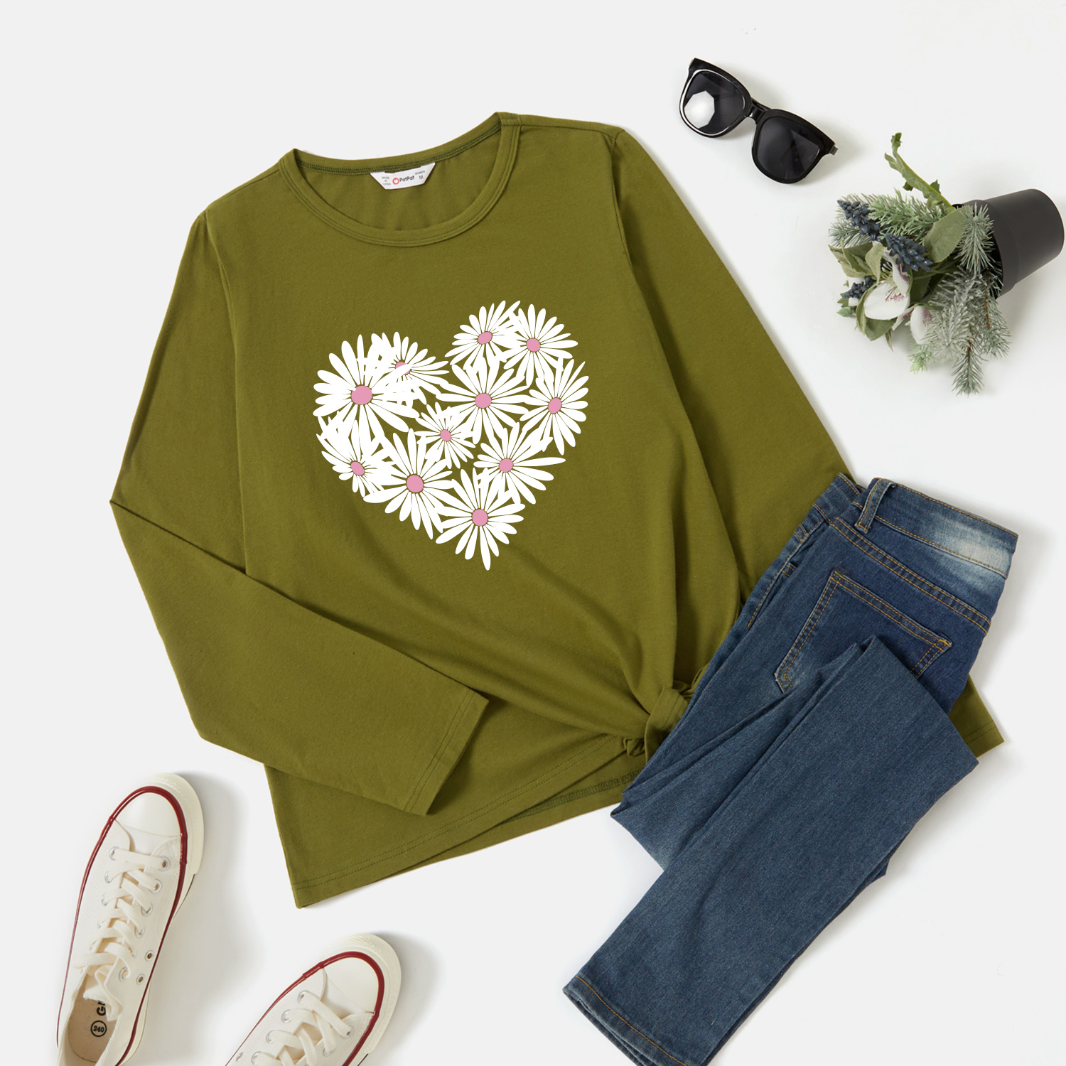 

Graphic Army green Long-sleeve Round-collar Tee for Women