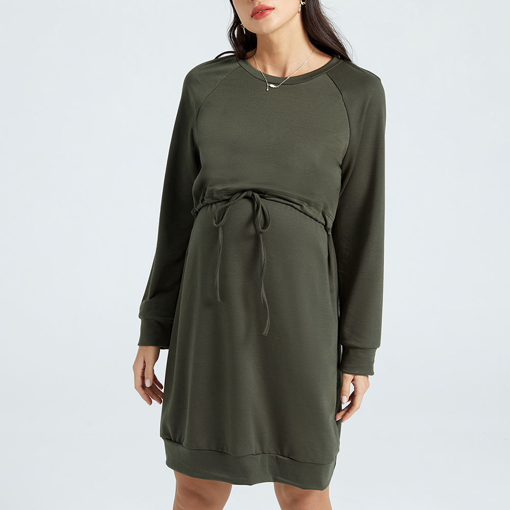 

Maternity Lace-up Round Neck Long-sleeve Green Dress