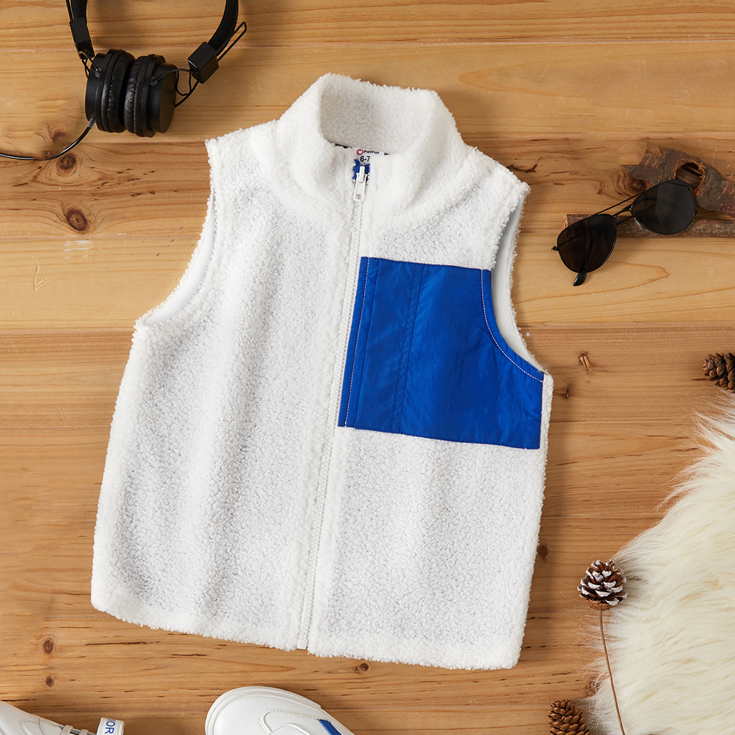 

Kid Boy/Kid Girl Patchwork Zipper Fuzzy Vest Coat