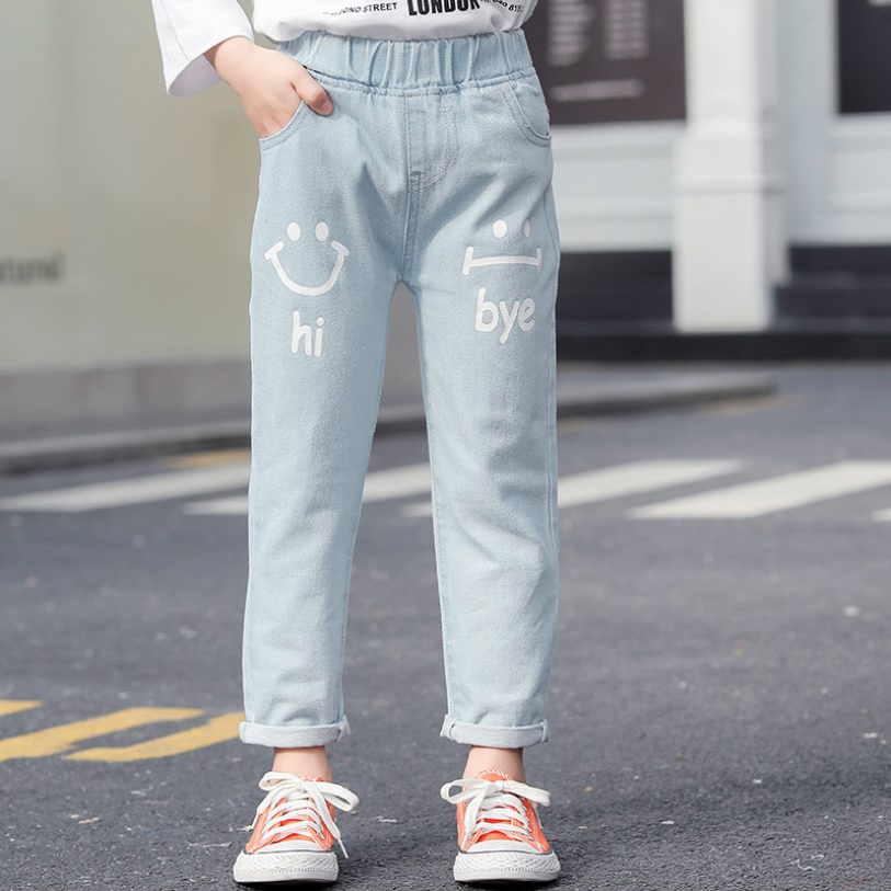 

Kid Girl Letter Face Emoji Print Denim Jeans