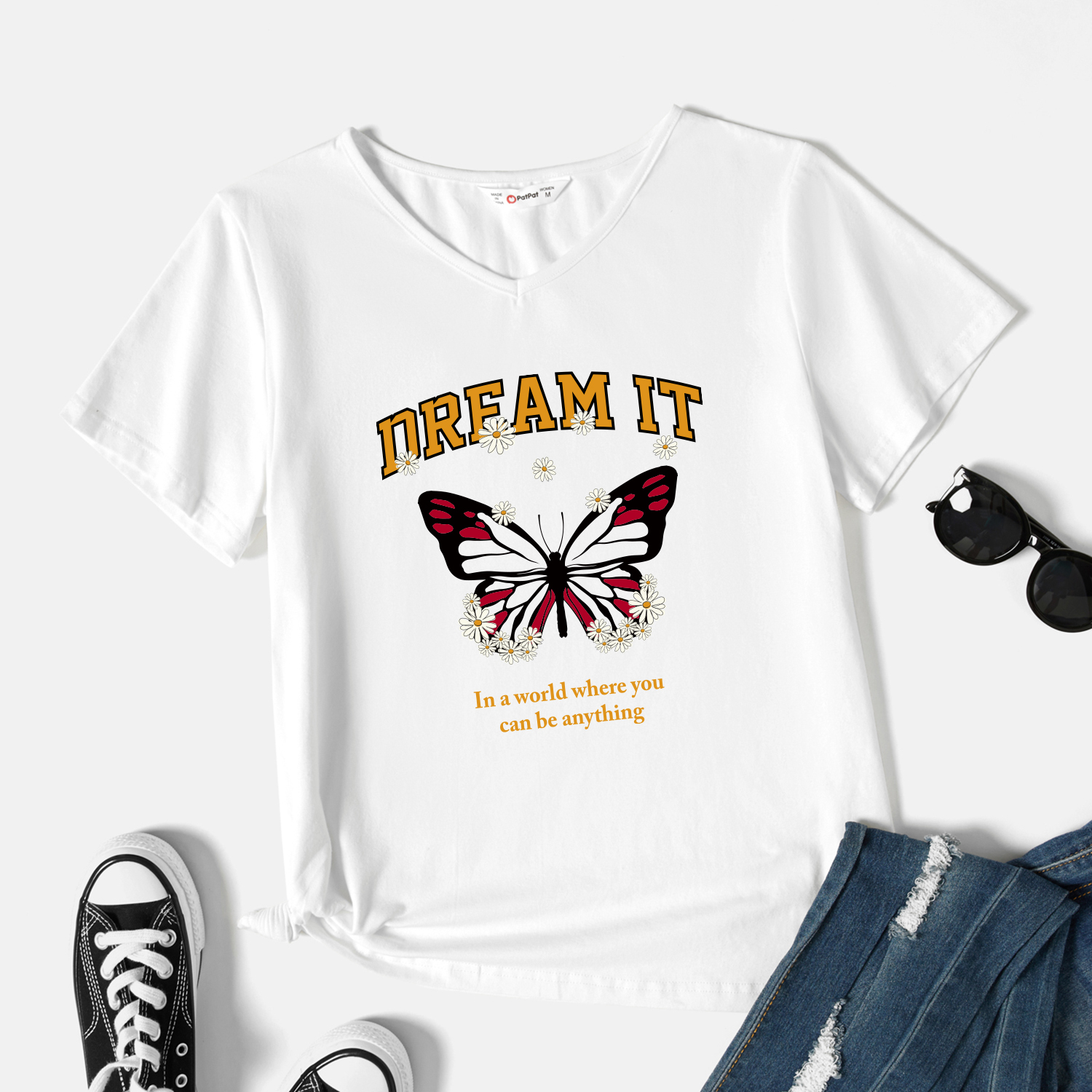 

Graphic White Short-sleeve V Neck Tee for Women