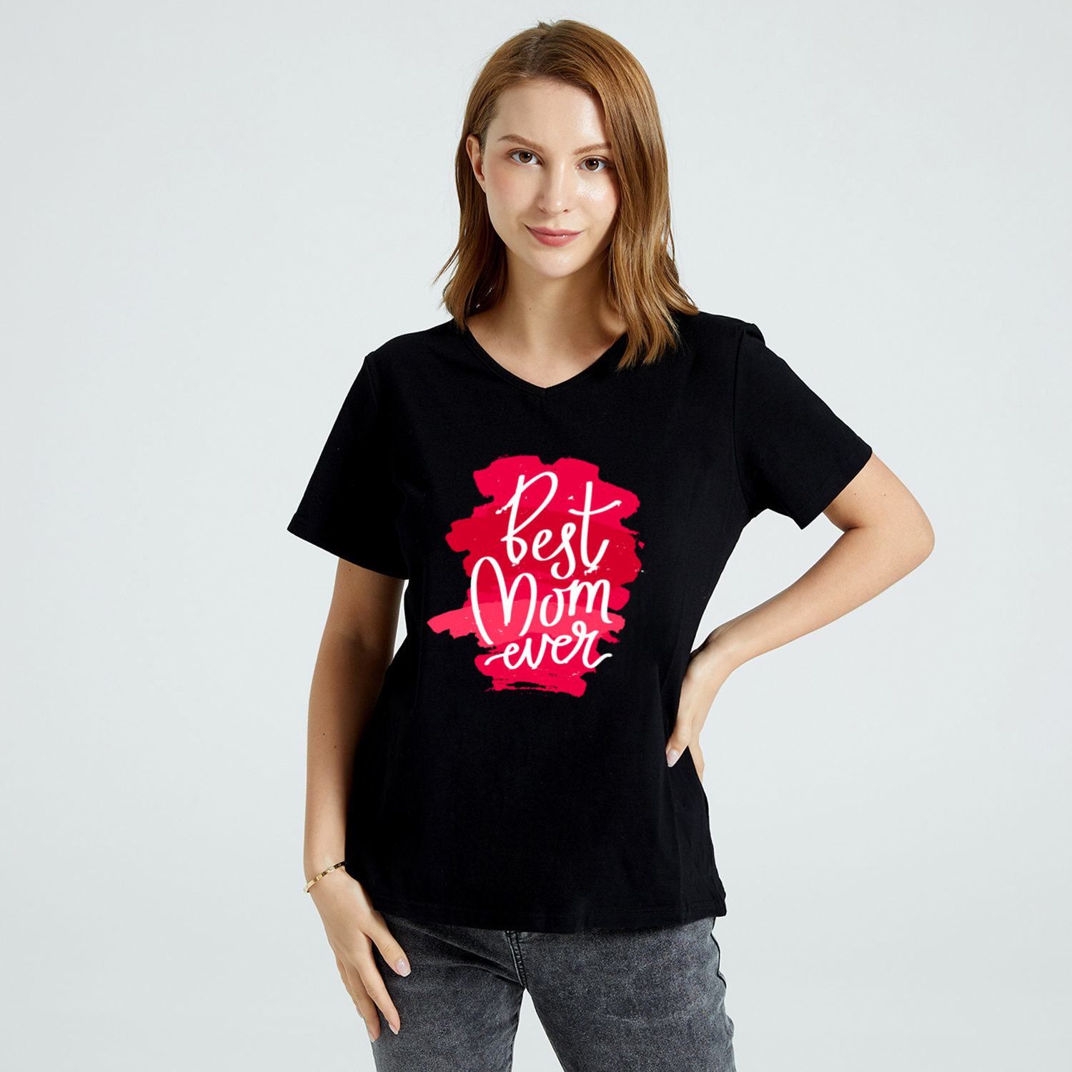 

Graphic Black Short-sleeve V Neck Tee for Women
