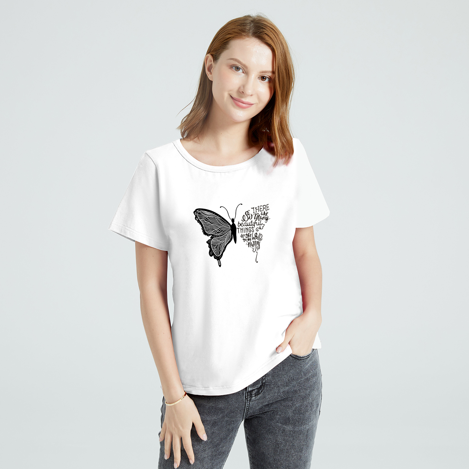 

Graphic White Short-sleeve Round-collar Tee for Women