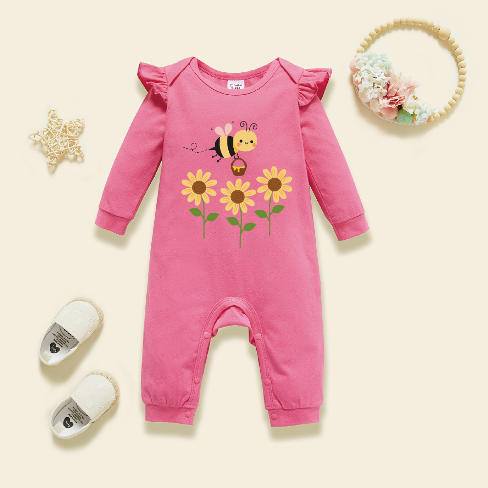 

Baby Graphic Flutter-sleeve Deep pink Long-sleeve Jumpsuit