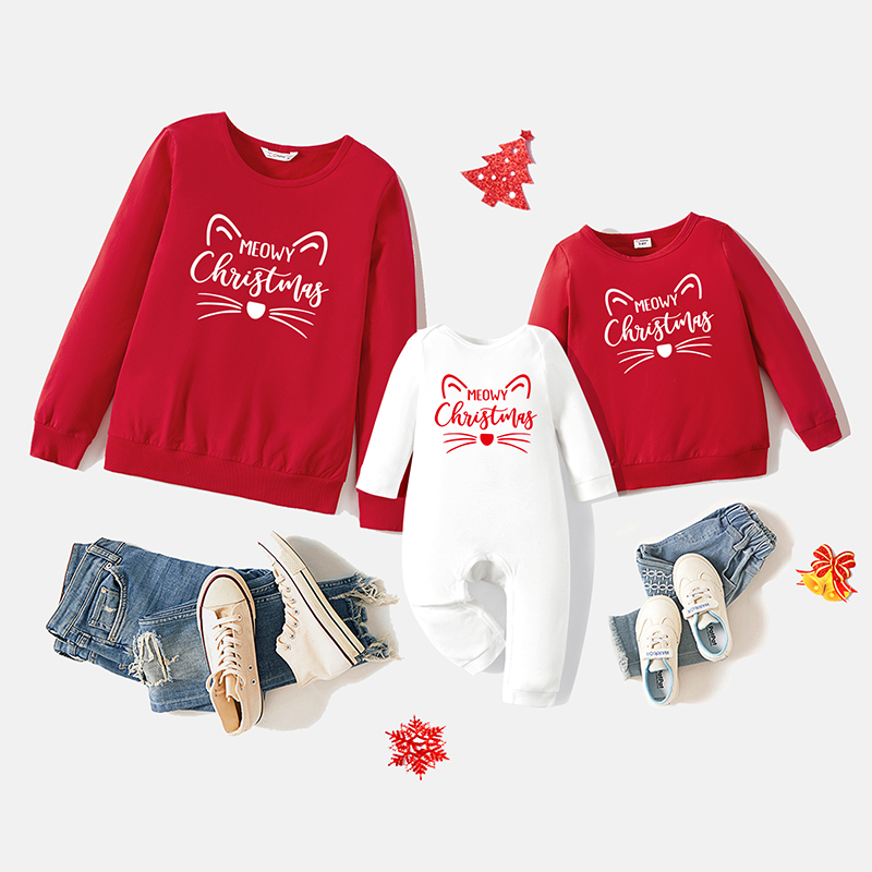 

Christmas 100% Cotton Cartoon Cat Letter Print Long-sleeve Sweatshirts for Mom and Me