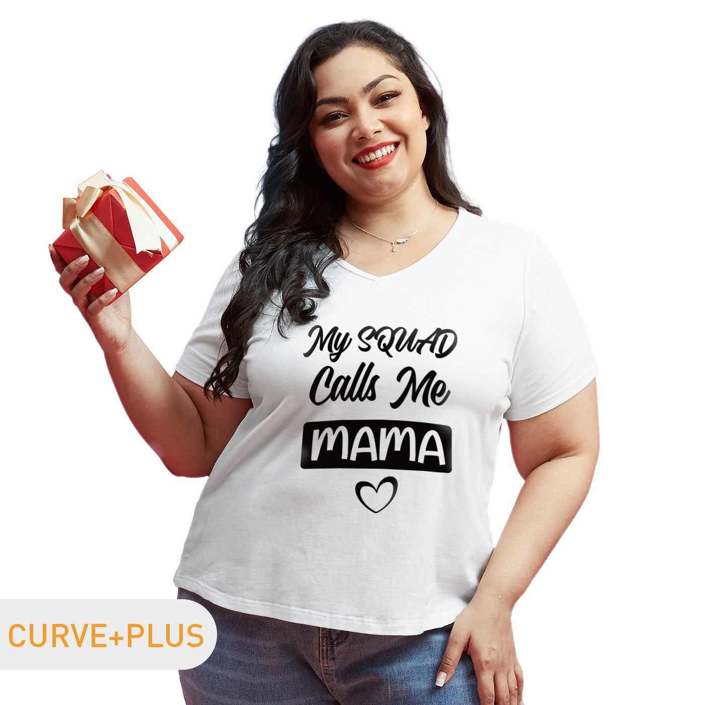 

Women Plus Size Graphic Letter and Heart Print V Neck Short-sleeve Tee