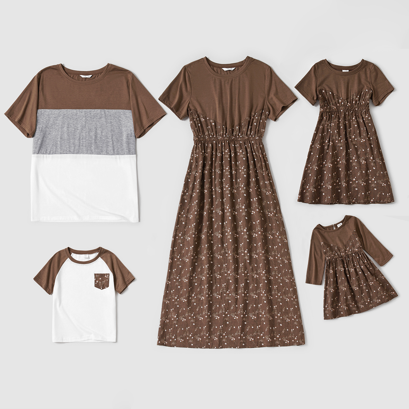 

Coffee Floral Print Family Matching Sets(Splicing Coffee Short-sleeve Dresses and Colorblock T-shirts)
