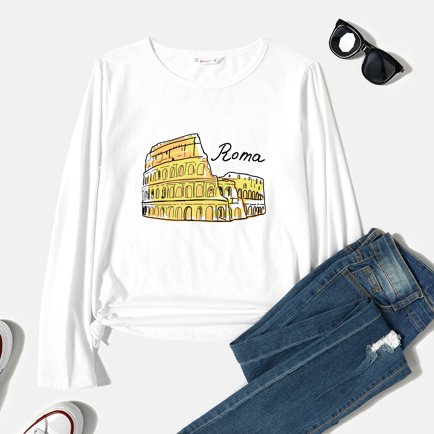 

Graphic White Long-sleeve Round-collar Tee for Women